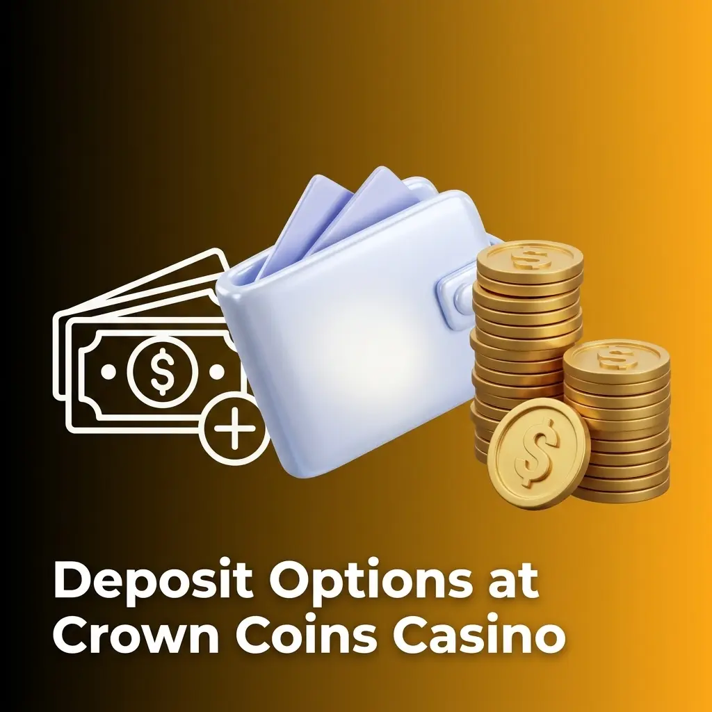 Crown Coins Casino deposit options table showing payment methods including Apple Pay, Visa, Mastercard, and Skrill with instant processing