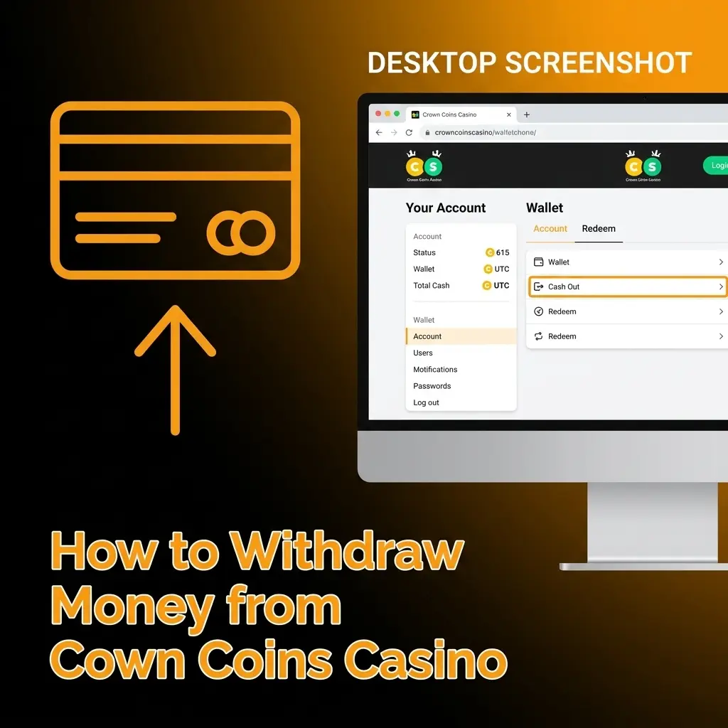 Crown Coins Casino withdrawal process showing account dashboard with payment method options and KYC verification steps