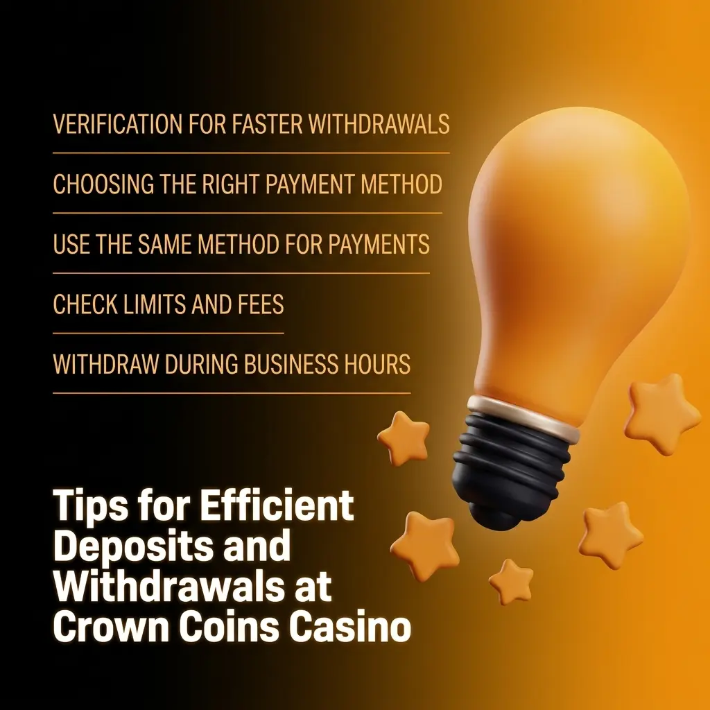 Crown Coins Casino deposit and withdrawal tips showing payment methods, KYC verification, and transaction best practices